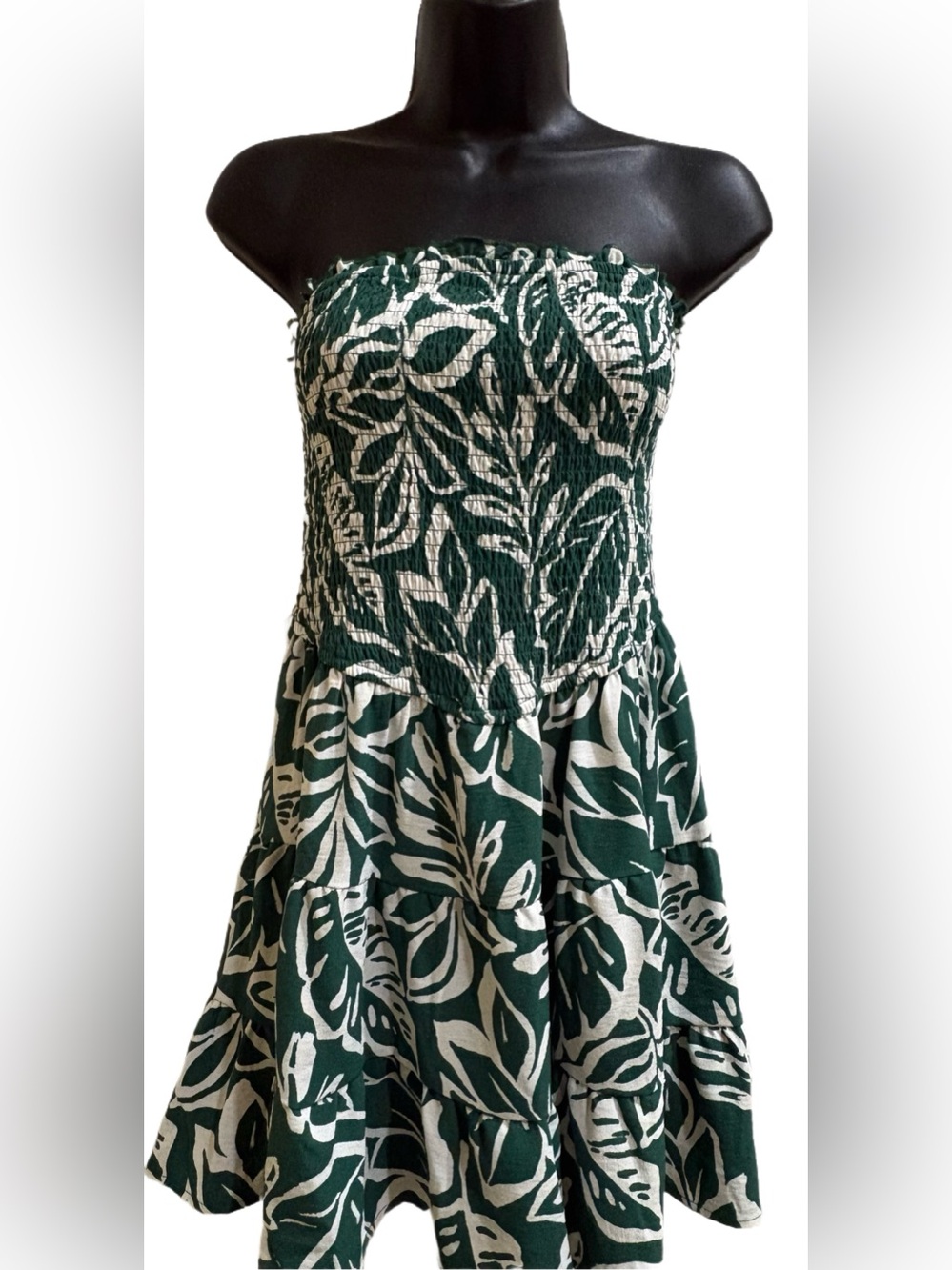 Strapless Green and Cream Leaf Print Dress